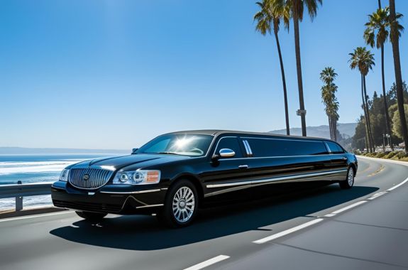 Luxury limousine traveling on the scenic roads of Southern California, offering premium transportation.