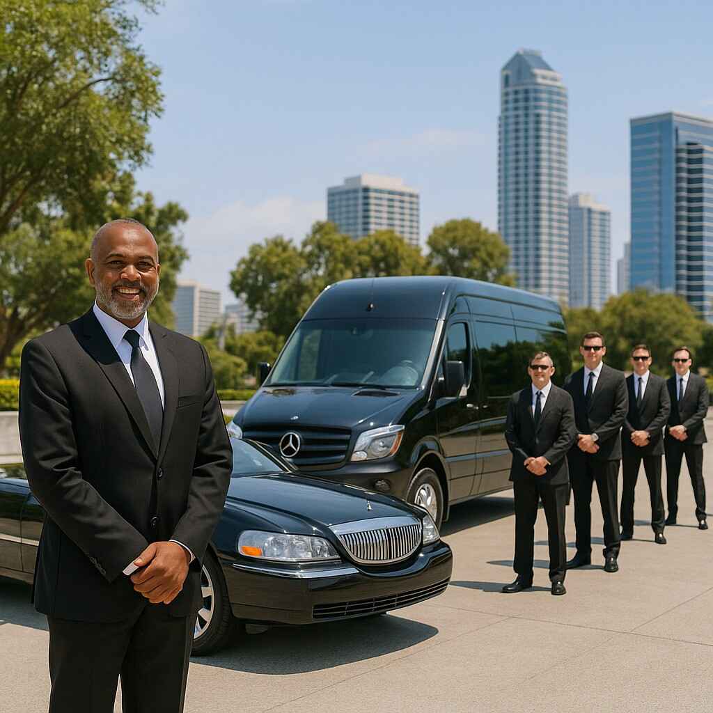 Professional chauffeurs standing beside polished black limousines and executive shuttles Professional chauffeurs standing beside polished black limousines and executive shuttles