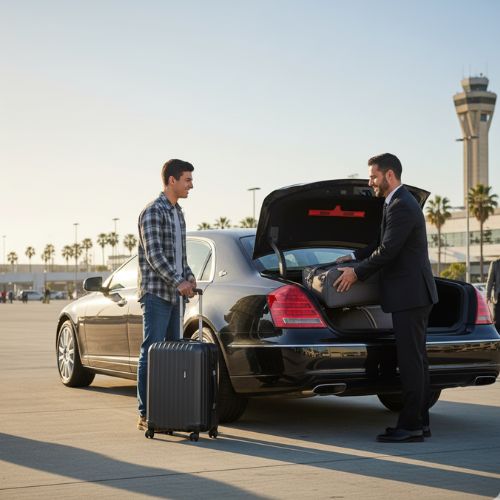 Chauffeur helping student with luggage at San Diego Airport Chauffeur helping student with luggage at San Diego Airport