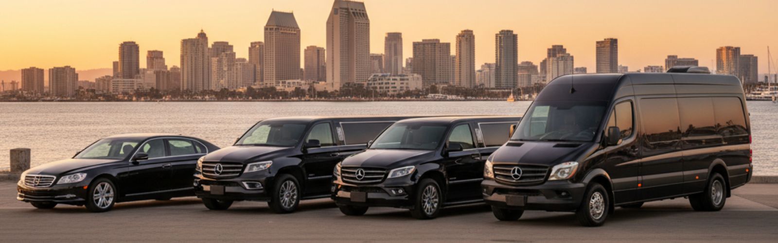 Fleet of black sedans, SUVs, limousines, and Sprinter vans used for cruise terminal transportation in San Diego Fleet of black sedans, SUVs, limousines, and Sprinter vans used for cruise terminal transportation in San Diego