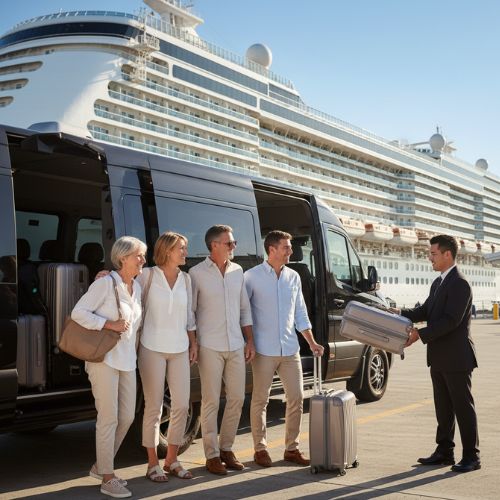 Multi-generation family using private Sprinter van for group transportation at San Diego cruise terminal Multi-generation family using private Sprinter van for group transportation at San Diego cruise terminal